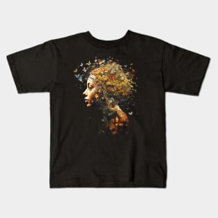 Woman With Flowers And Butterflies Surrounding Her Face Harmony of Life Kids T-Shirt